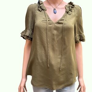 Odille Olive Green Ruffle Short Sleeve Women's Top Size 0